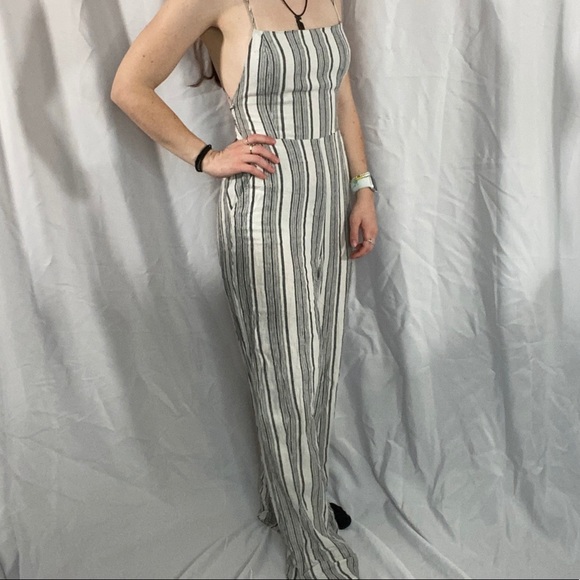 Forever 21 Stripped Jumpsuit Tank Top Pants Laced Open Back Small White Gray - Picture 7 of 11